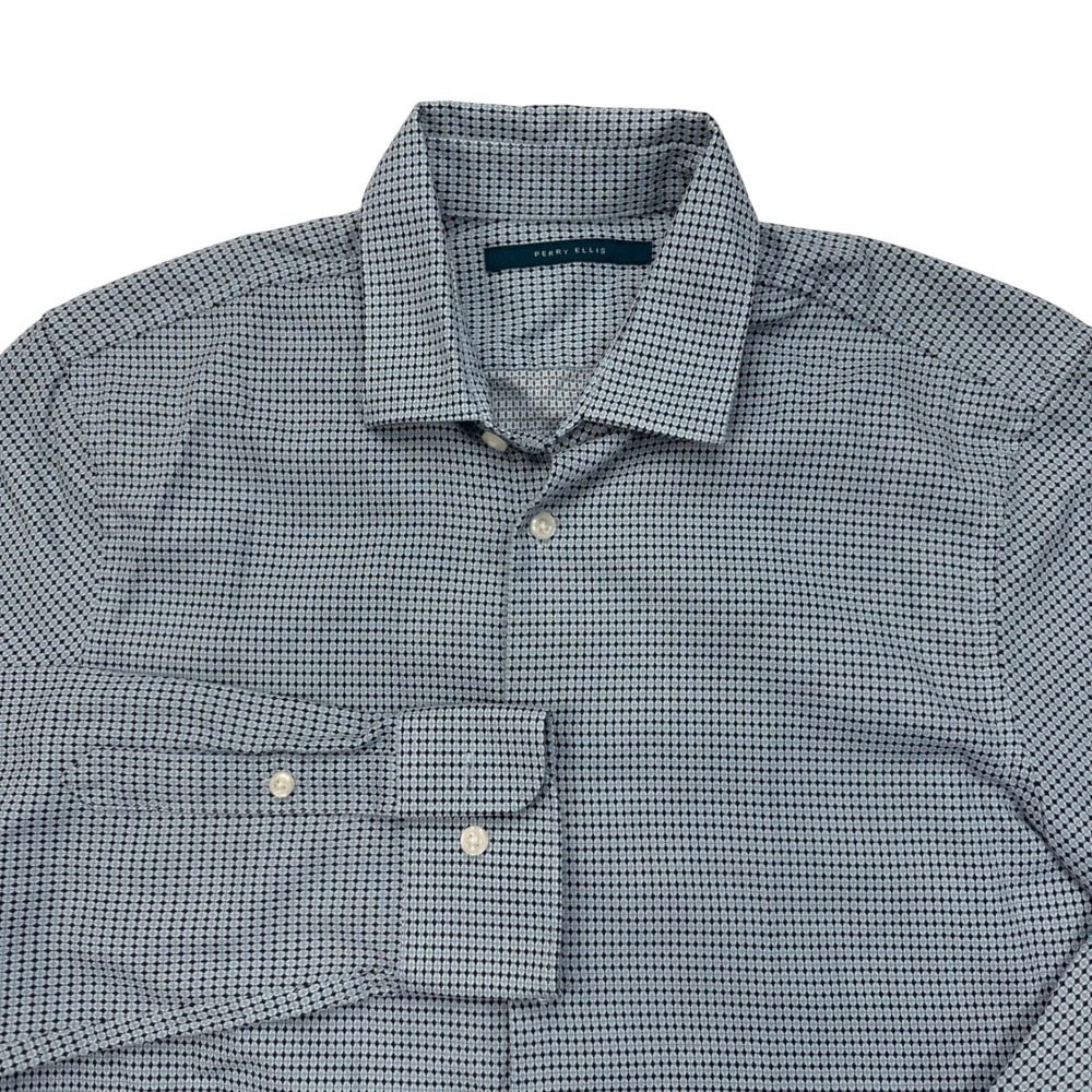 Perry Ellis Mens Blue Geometric Diamond Print 100% Cotton Button Down Shirt M